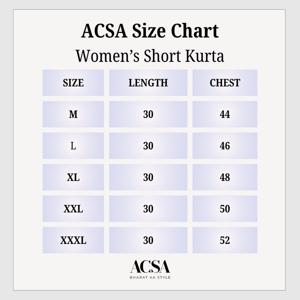 Size Chart for Grey Short Kurta