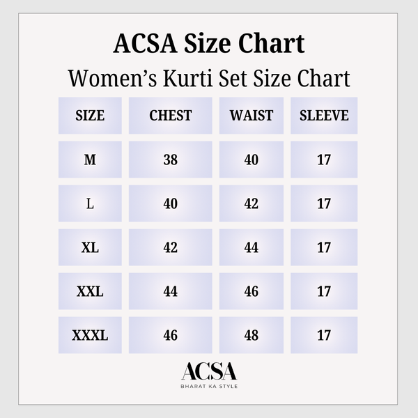 Size Chart for Banana Cotton White Kurti Set
